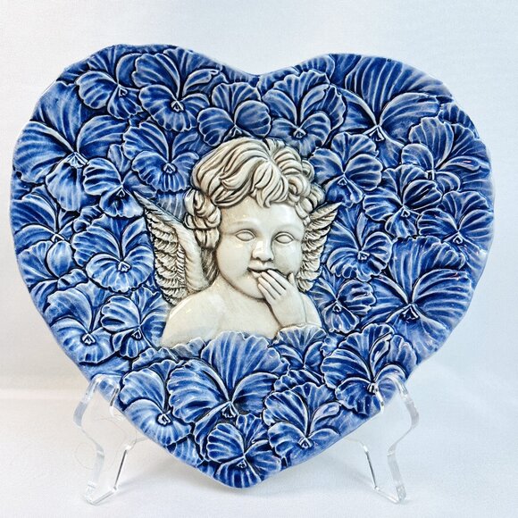 Italian Pottery Vintage Heart Plate Embossed Angel Cherubs *Your Choice* - Picture 2 of 9